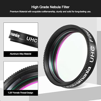 Astromania Telescope UHC Filter 1.25 Inch, Telescope Filter Improve Image Contrast Reduce Light Pollution, Telescope Accessories Nebula Filter for Superb Views of Orion Swan and Other Extended Nebulae