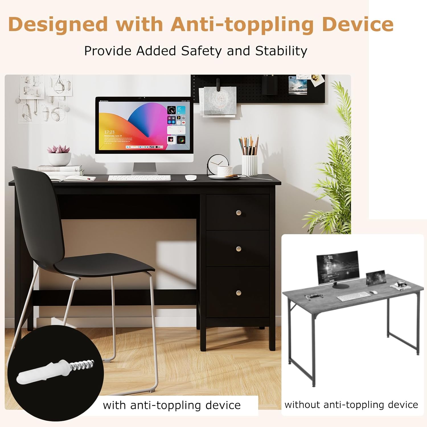 Image showing the anti-toppling device for added safety and stability, with a comparison to a desk without it.