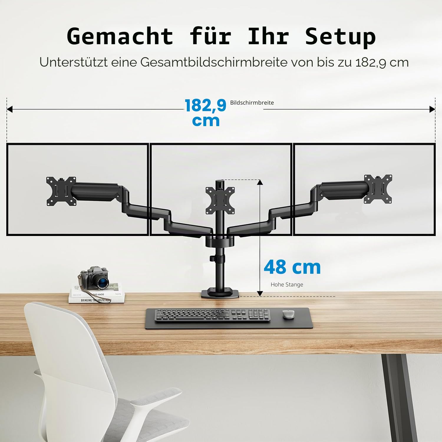 HUANUO Monitorhalterung 3 Monitore für 13-27 Zoll Computerbildschirme, Bildschirm Halterung 3 Monitore mit 8kg Gasfederarm, Triplemonitorstand mit Neigung, Drehung, Schwenkung, VESA 75x75, 100x100 mm
