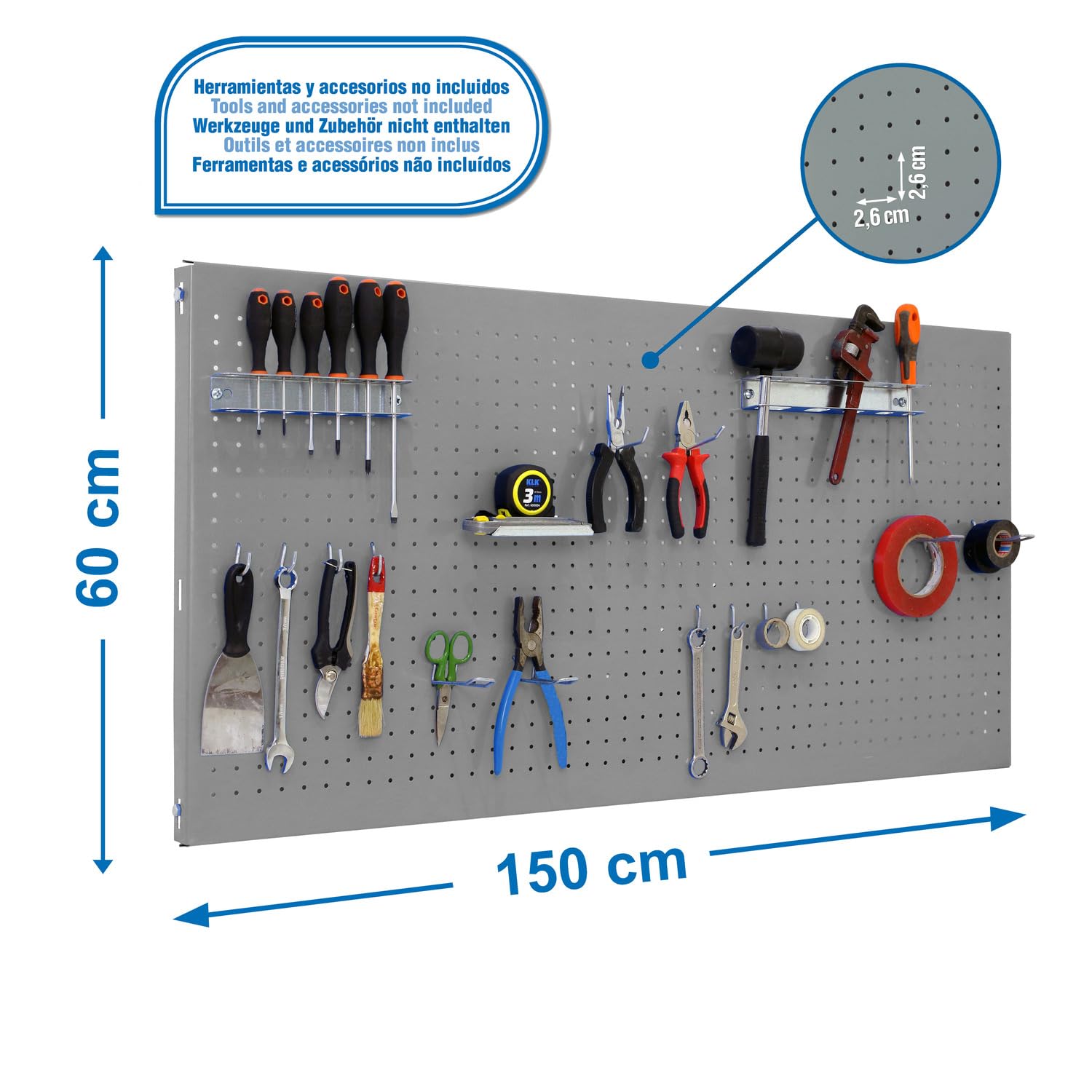 SimonRack Werkzeugwand, 25 teiliges Hakenset, 150x60x3,5 cm, Metall-Lochwand, Halterungen, Montagematerial, Grau - Simonwork