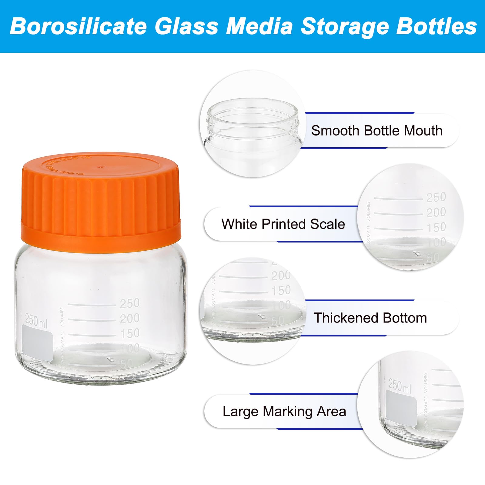PATIKIL 6 Pezzi Bottiglie Da Laboratorio Per Reagenti, 250ml Vetro Borosilicato A Bocca Larga Con Misura Graduata E Tappo Arancione GL32 Per Liquidi Reagenti, Trasparenti