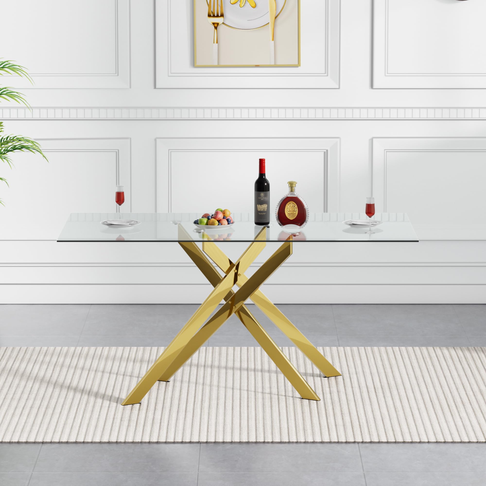 Gnrolaz 51.2'' Glass Dining Table for 4, Rectangular Dining Room Table for 4, X-Shape Gold Metal Legs, Kitchen Dining Room Living Room Glass Top