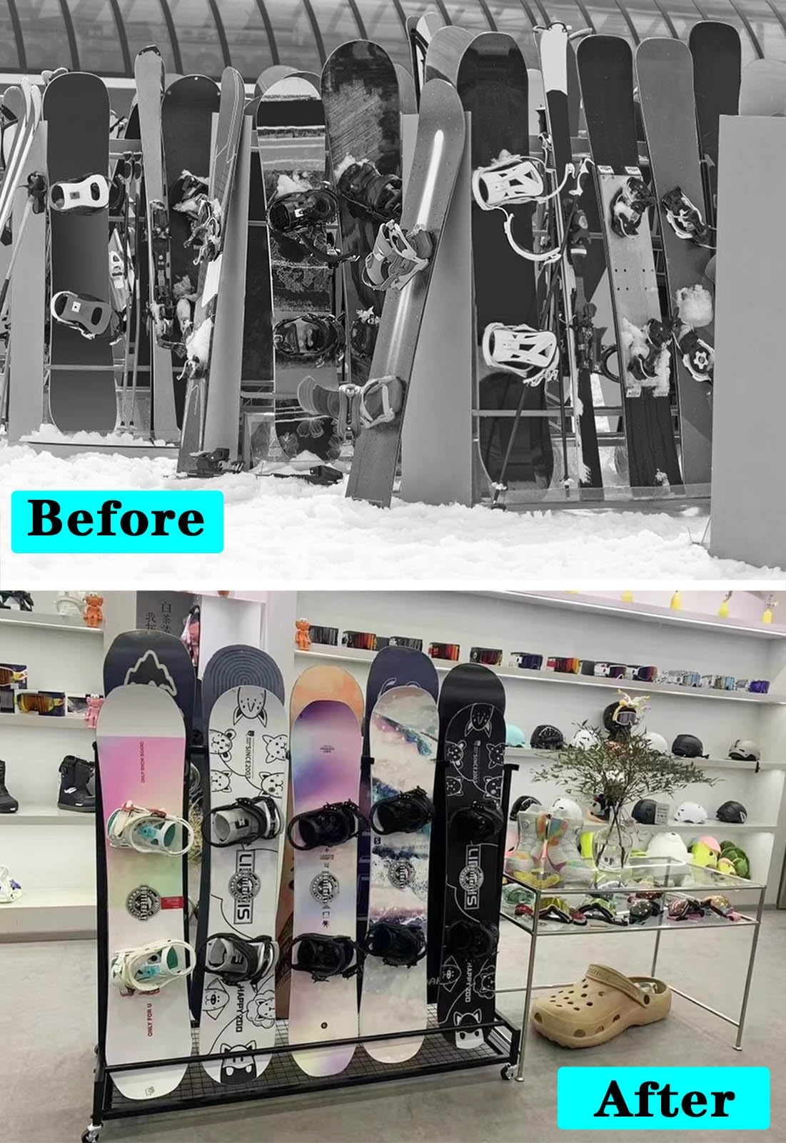 Robuster Skiständer auf Rollen – Verstellbarer, freistehender Aufbewahrungsorganizer für Snowboards und Skier in Garage und Keller, geeignet für Skier von 61 bis 155 cm, platzsparend und lan