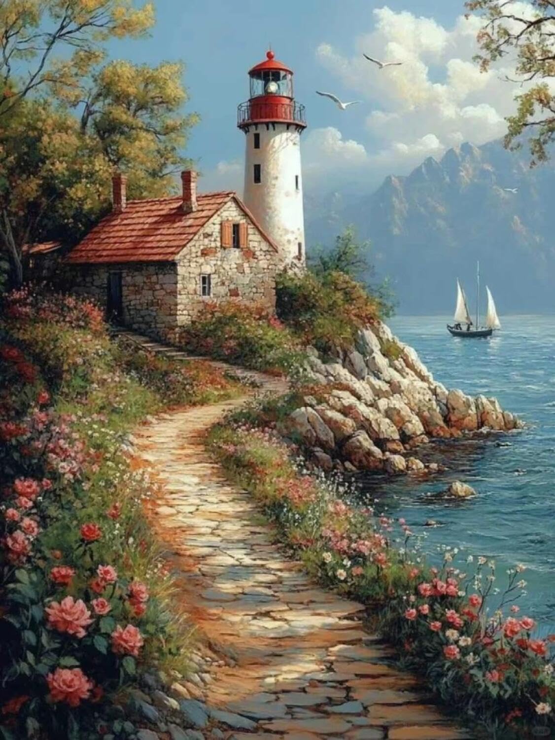 Rqwybcaxn Bead Cross Stitch Kits The sea and the Lighthouse 40x50cm