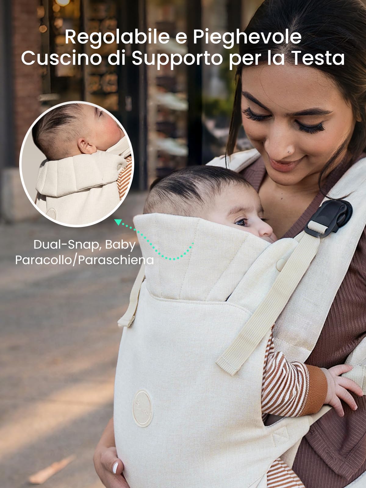 Grownsy Marsupio Neonato Ergonomico(3–20 kg, 3–24 mesi), Fibbia a Sgancio Rapido a un Tocco, Facile da Indossare, Poggiatesta, Leggero, Confortevole e Regolabile(Bianco crema)