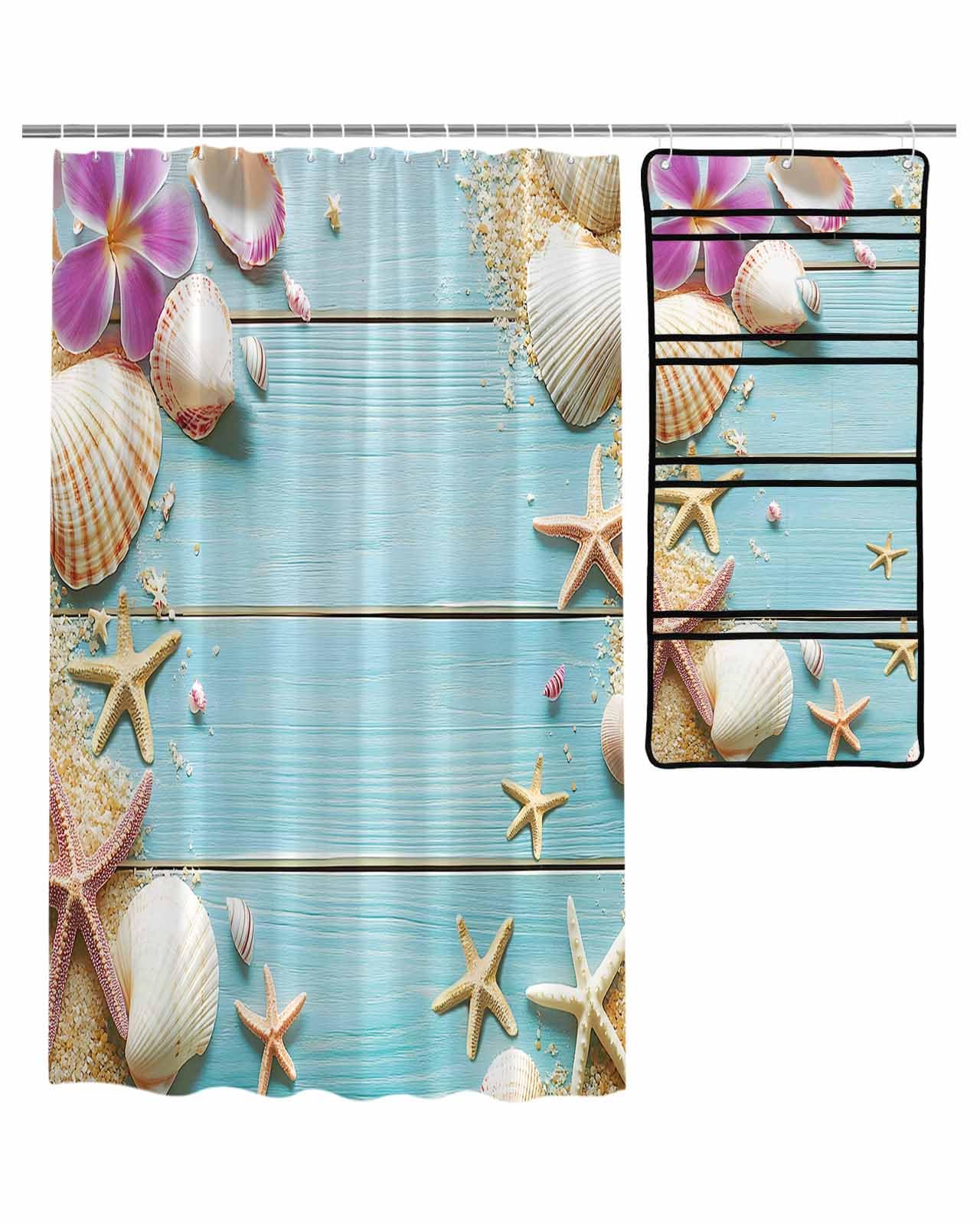ZFUNCING Shower Curtain Mesh Shower Organizer Set Summer Beach Seashell Starfish Waterproof Bath Curtains Hanging Shower Caddy Bathroom