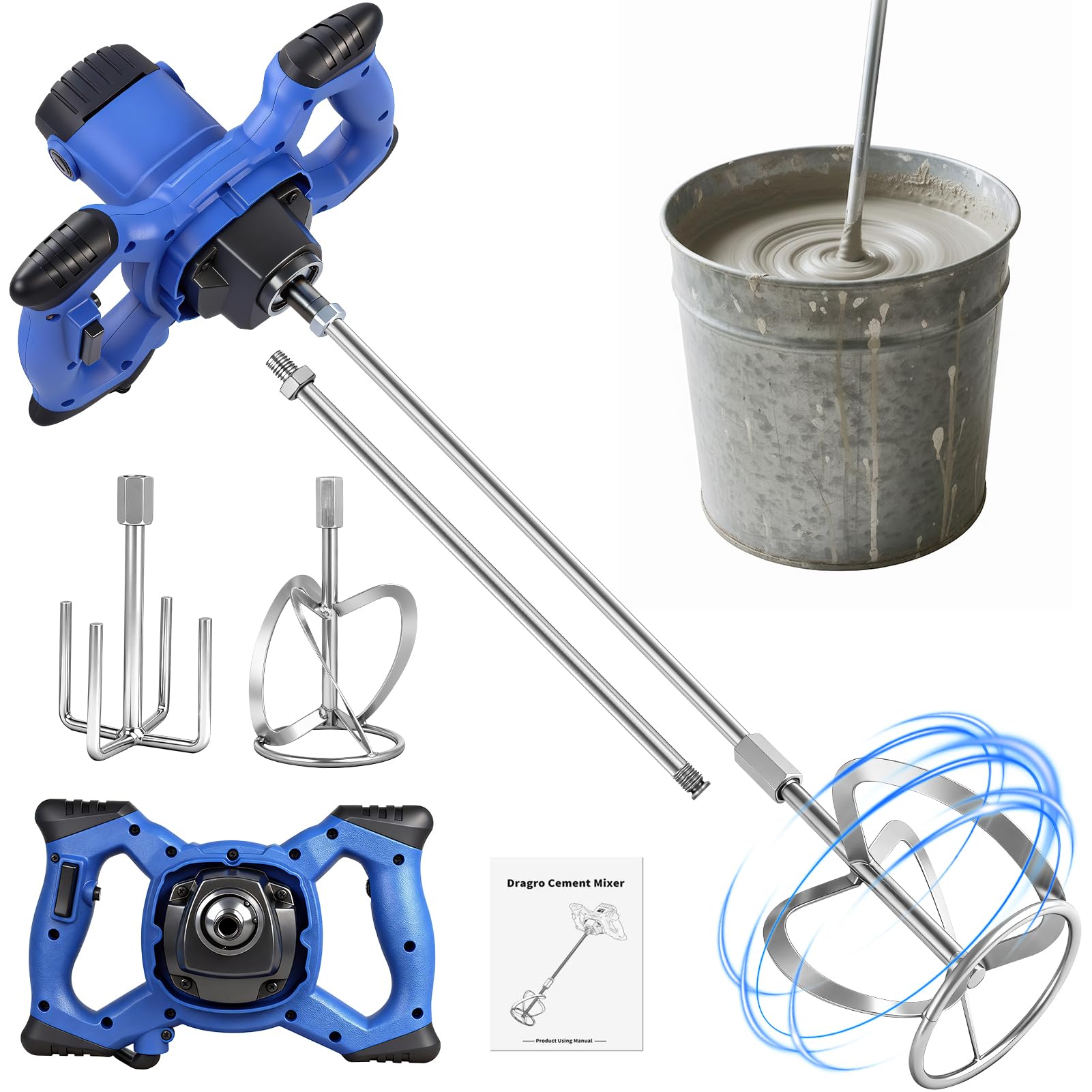 Agitatore per malta 3500 W, miscelatore elettrico per calcestruzzo, con elettronica a 6 velocità, agitatore bituminoso, 4 ganci, cestello per miscelazione, M14 zincato 140 mm, agitatore manuale
