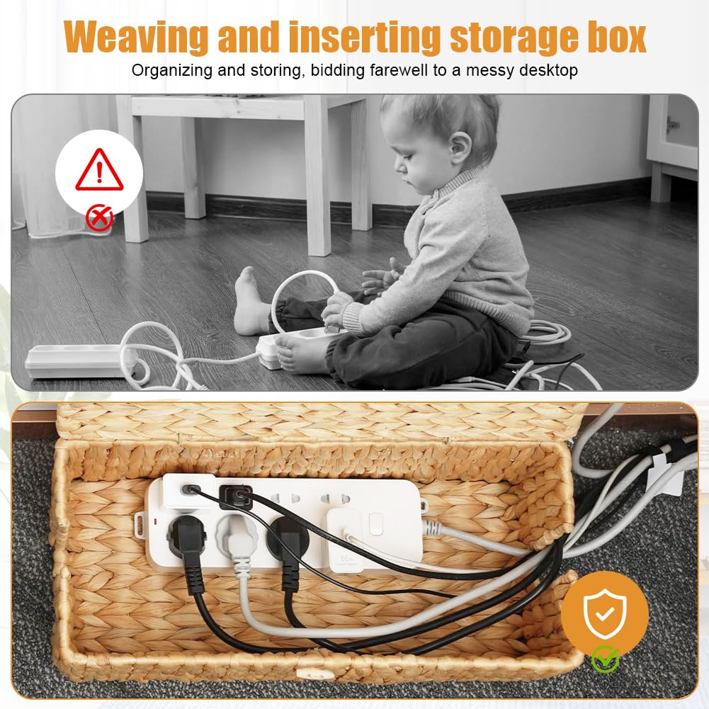 CEWROM 2 Stück Handgefertigte Wasserhyazinthe Kabelbox, Kabelbox mit Steckdosenleiste mit Abdeckung, Kabelaufbewahrung mit Seitlicher Öffnung, Kabelmanagementbox für Büro, Zuhause