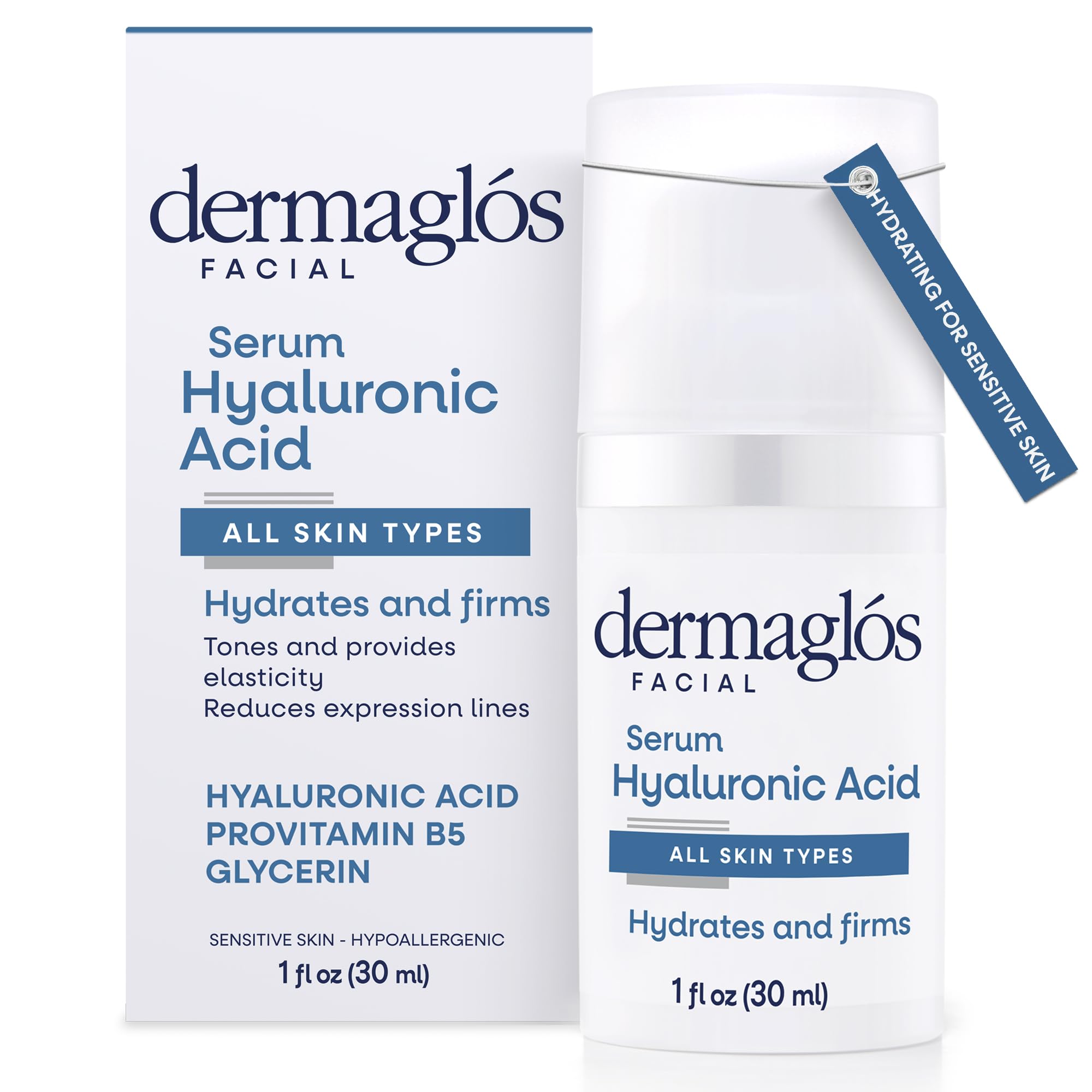 DERMAGLÓS Hyaluronic Acid Serum For Face | For All Skin Types Even Sensitive | Hydrates And Reduces Expression Lines | With Provitamin B5 And Glycerin | Firms, Tones, and Boosts Elasticity | 1 Fl Oz