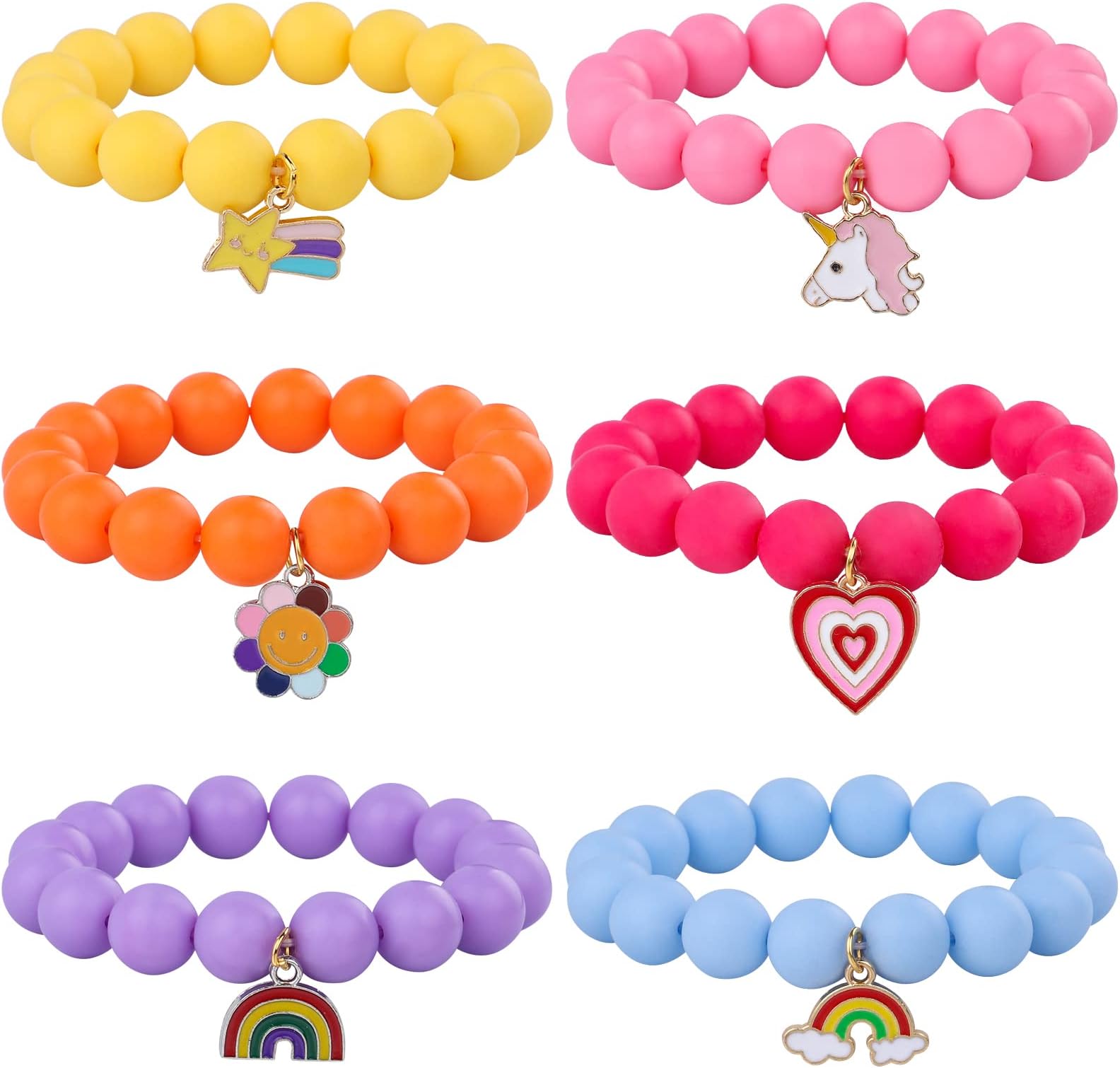 6 PCS Beaded Bracelets for Kids Girls Unicorn Heart Rainbow Charm Bracelets Cute Elastic Friendship Bracelets