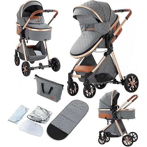 2 in 1 Baby Stroller, Convertible Pram, Reversible Standard Stroller, Portable Baby Buggy, Infant Carriage, Foldable High Landscape Pushchair for Toddler Newborn (225 Grey)