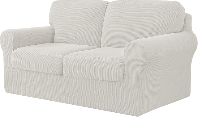 CHUN YI 5 Piece Stretch Sofa Cover, 2 Seater Slipcover with Two Separate Cushions and Backrests, Jacquard Spandex Fabric(2 Seater,Ivory)