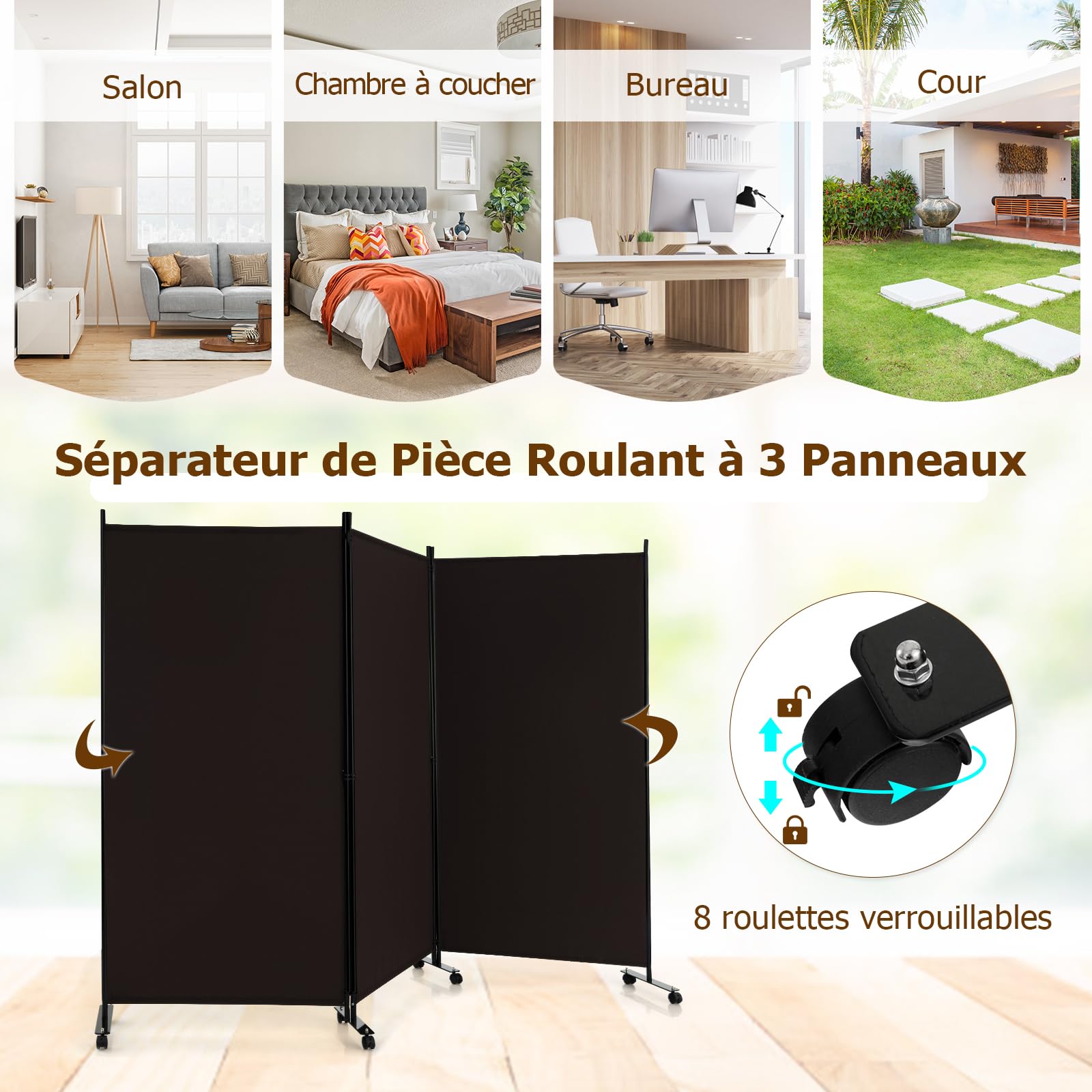 GIANTEX 262 x 180 cm - Paravent de séparation de pièce avec roulettes - en 3 Parties - Autonome - Pliable - Mur Espagnol - en Tissu - Fer - Protection privée pour Chambre à Coucher (Marron)