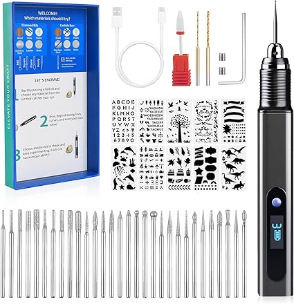 Engraving Pen Kit Rechargeable Cordless Engraver Pen with 33 Bits, 10 Stencils, Mini DIY Electric Etching Machines Rotary Tool for Carving Jewelry Stone Wood Glass Metal Plastic