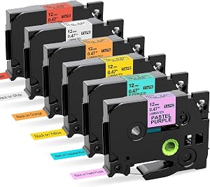 6 Pack Label Maker Tape 12mm Compatible with Brother P Touch D210 D220 D410 H100 H111 H200BP P700 P710BT P750W D610BT, Compatible with Tze Tz Tape 12mm Purple/Turquoise Blue/Orange/Yellow/Red/White