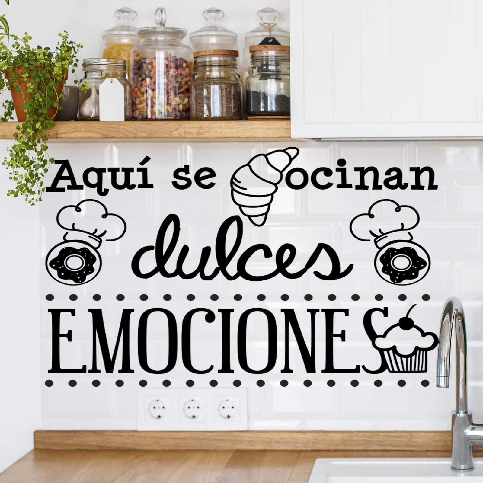 Vinilos de pared decorativo con frase decorativa cocina y restaurante "AQUÍ SE COCINAN DULCES.." Pegatinas decorativas pared. Decoración casa Docliick DC-19147