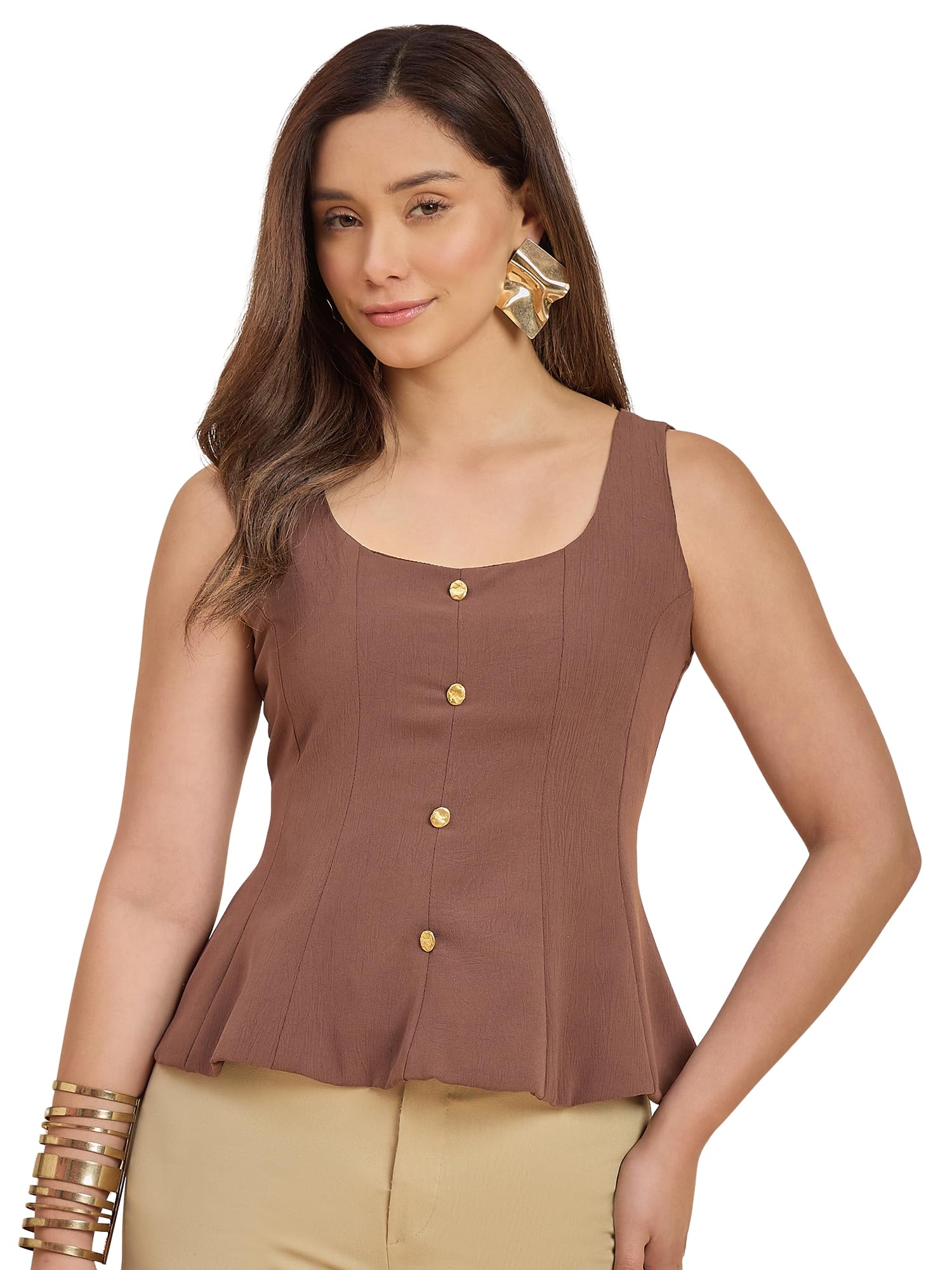 Brown Solid Sleeveless Peplum Top with Button Detail-image-7