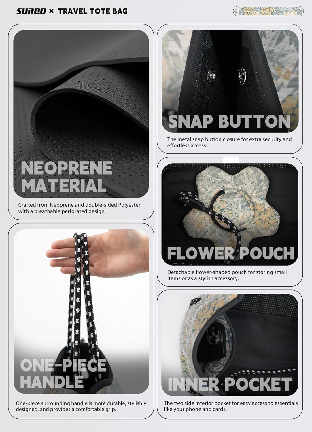 Neoprene Tote Bag for Women, Large Travel Beach Bag with Detachable Pouch, Stylish Lightweight Everyday Carryall - Image 6