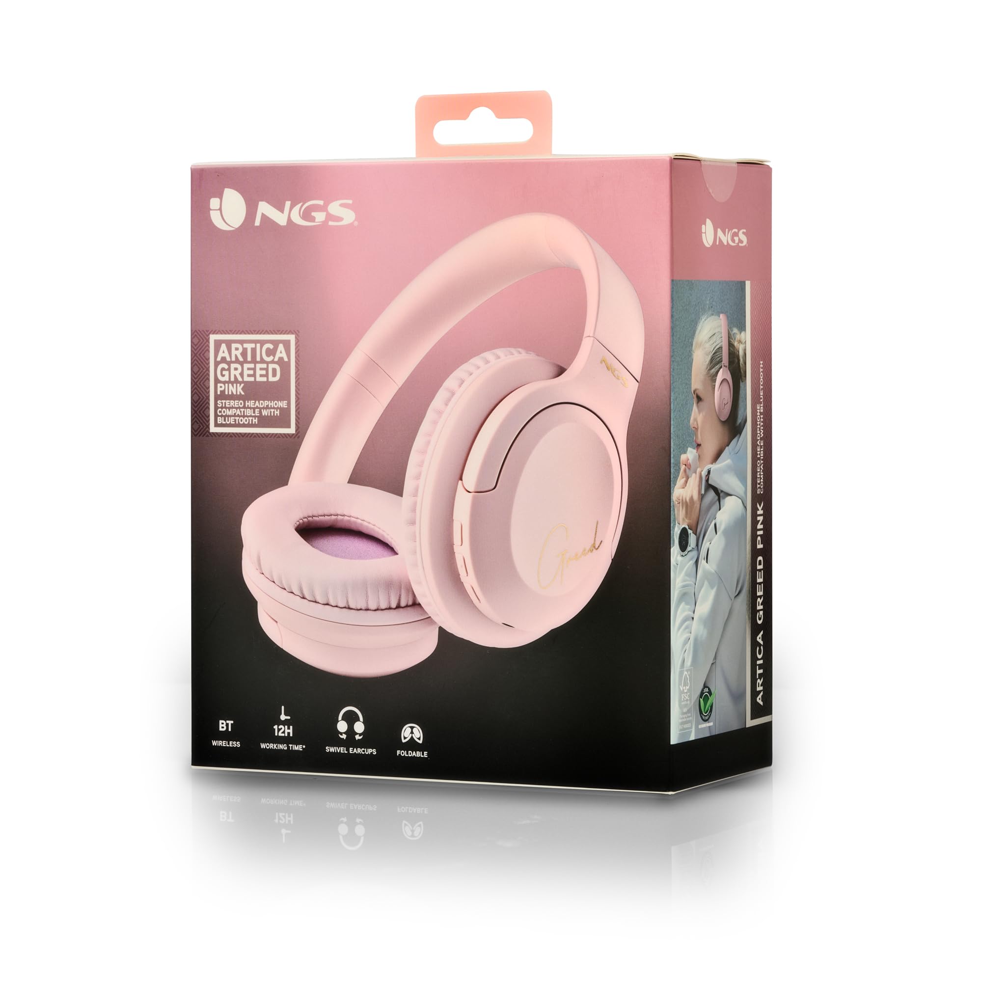 NGS Artica Greed Pink - Casque Supra-aural sans Fil, Compatible avec la Technologie Bluetooth, Léger et Pliable, Microphone Intégré, Batterie 40h, Couleur Rose