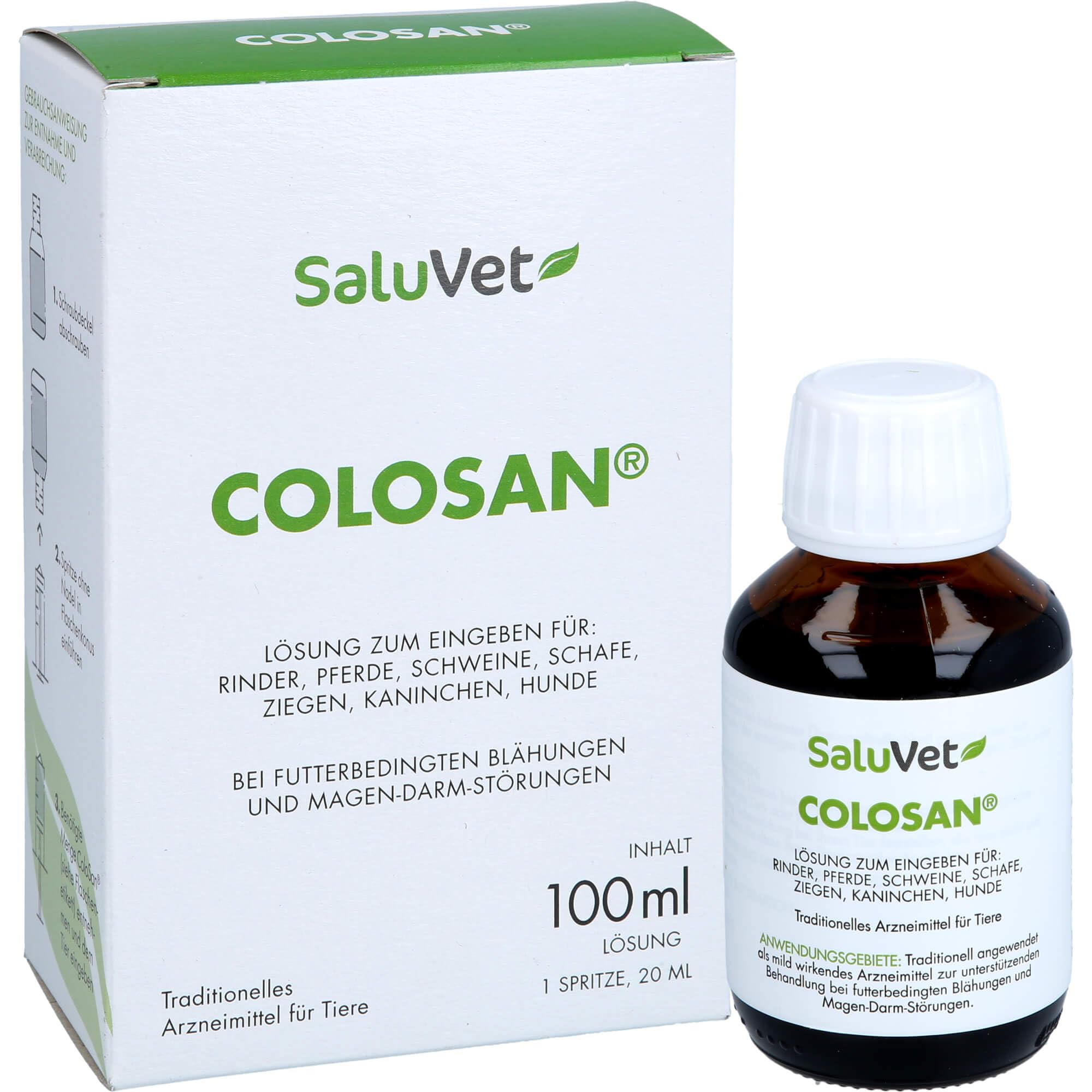 ColoSan | 100 ml | Zugelassenes Arzneimittel für Pferde, Rinder, Schweine, Schafe, Ziegen, Kaninchen und Hunde | Bei futterbedingten Blähungen und Magen-Darm-Störungen