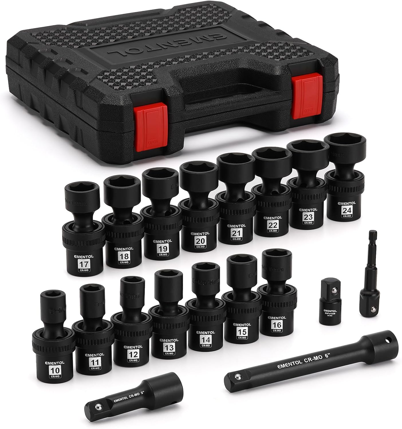 EMENTOL 19PCS 1/2" Drive Universal Impact Socket Set, Swivel Socket with Flexible Wobble, Metric 10mm-24mm, CR-MO, 6 Point, Includes Extension Bar and Adapter