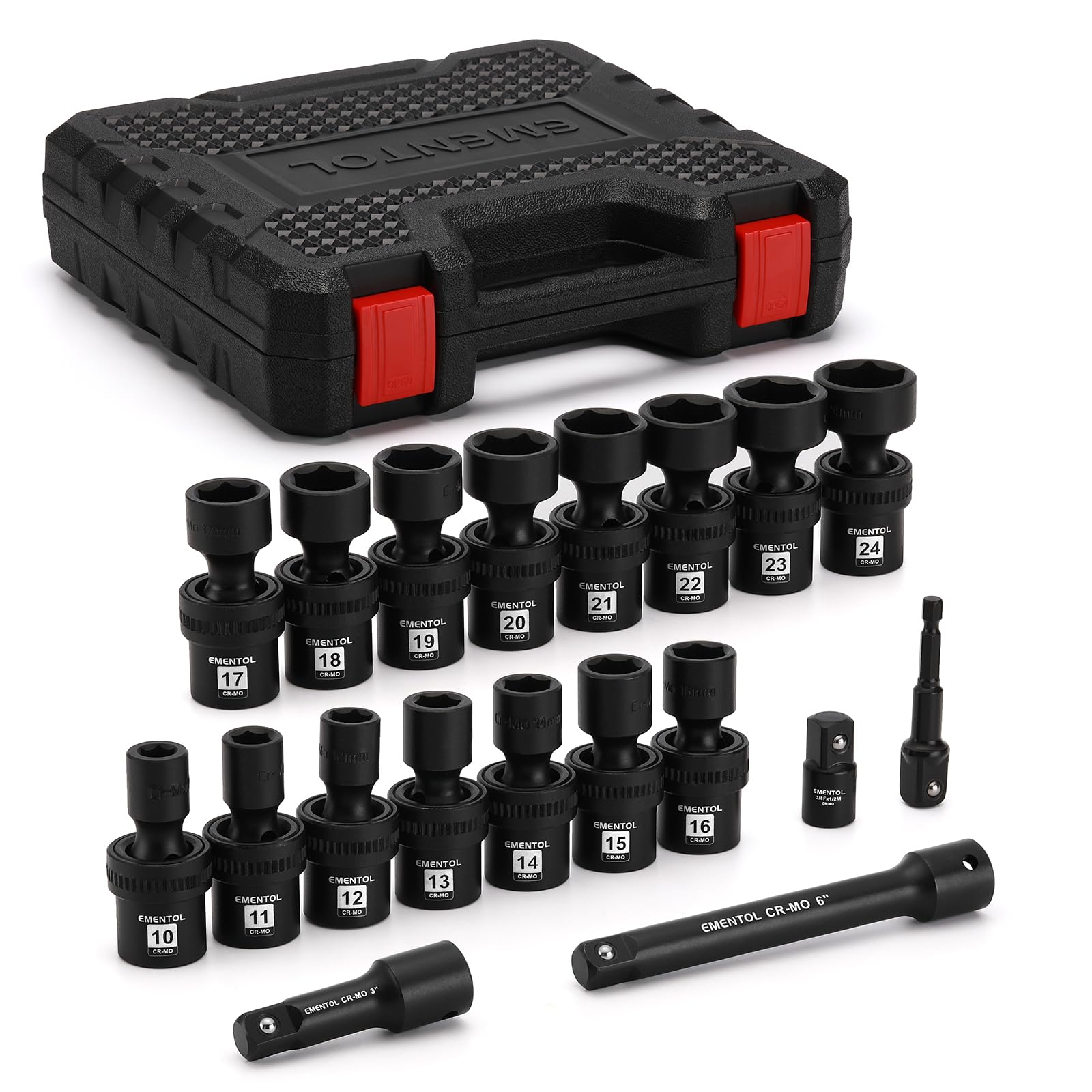EMENTOL Juego de 19 llaves de vaso de impacto universales estándar de 1/2 pulgada con barras de extensión y adaptadores, 6 puntos, métricos, 10 mm - 24 mm, barra exterior, adaptador de taladro de