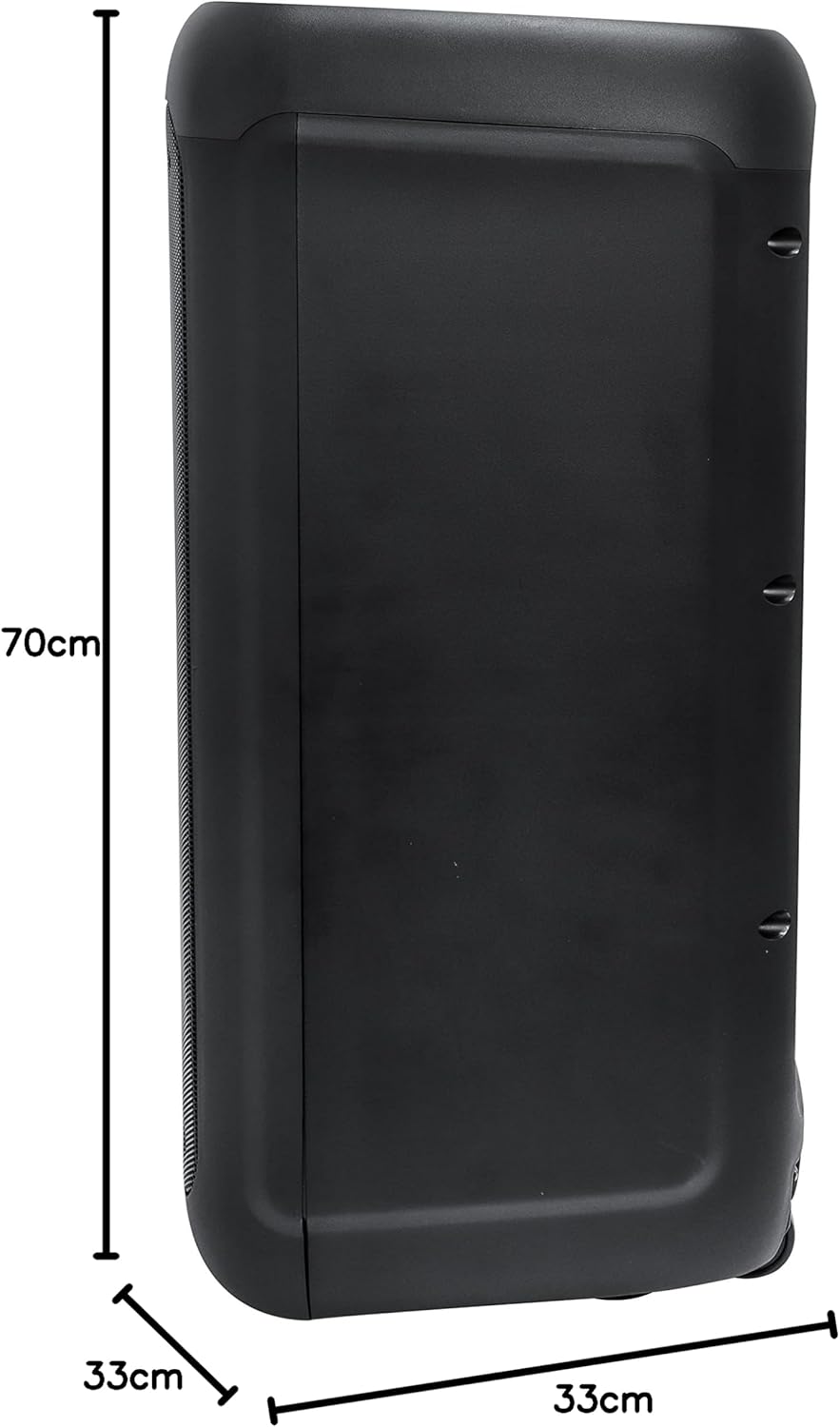 Image showing the dimensions of the Daewoo Partybox 2000 speaker: 70cm height, 33cm width, 33cm depth