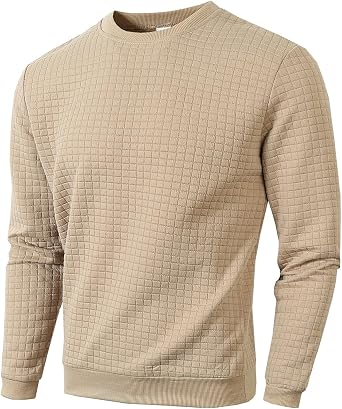 Waffle Pullover Sweatshirts for Mens Plaid Jacquard Long Sleeve Round Neck Solid Hipster Casual Autumn Warm Tops