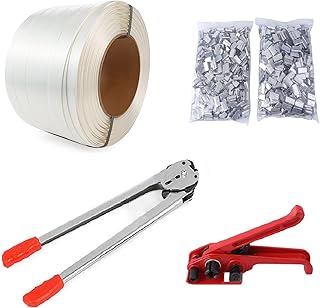 bimiti Pallet Packaging Banding Strapping Kit Manual Banding Sealer Tool w/ 1000 Metal Seals Heavy Duty Poly Strapping Tensioner Cutter Tool 4000'Lx1/2"W Coil Reel Parcel Strapping Packing Machine Kit