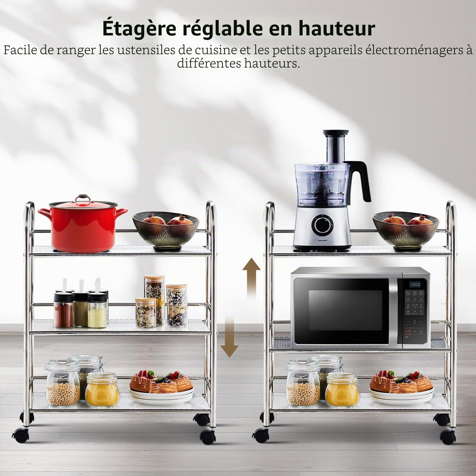 TUKAILAi Chariot de Service à 3 Niveaux en Acier, avec roulettes Verrouillables, Desserte de Service à roulettes pour Cuisine Salle de Bain Bureau Salon ‎(35×60×75cm)