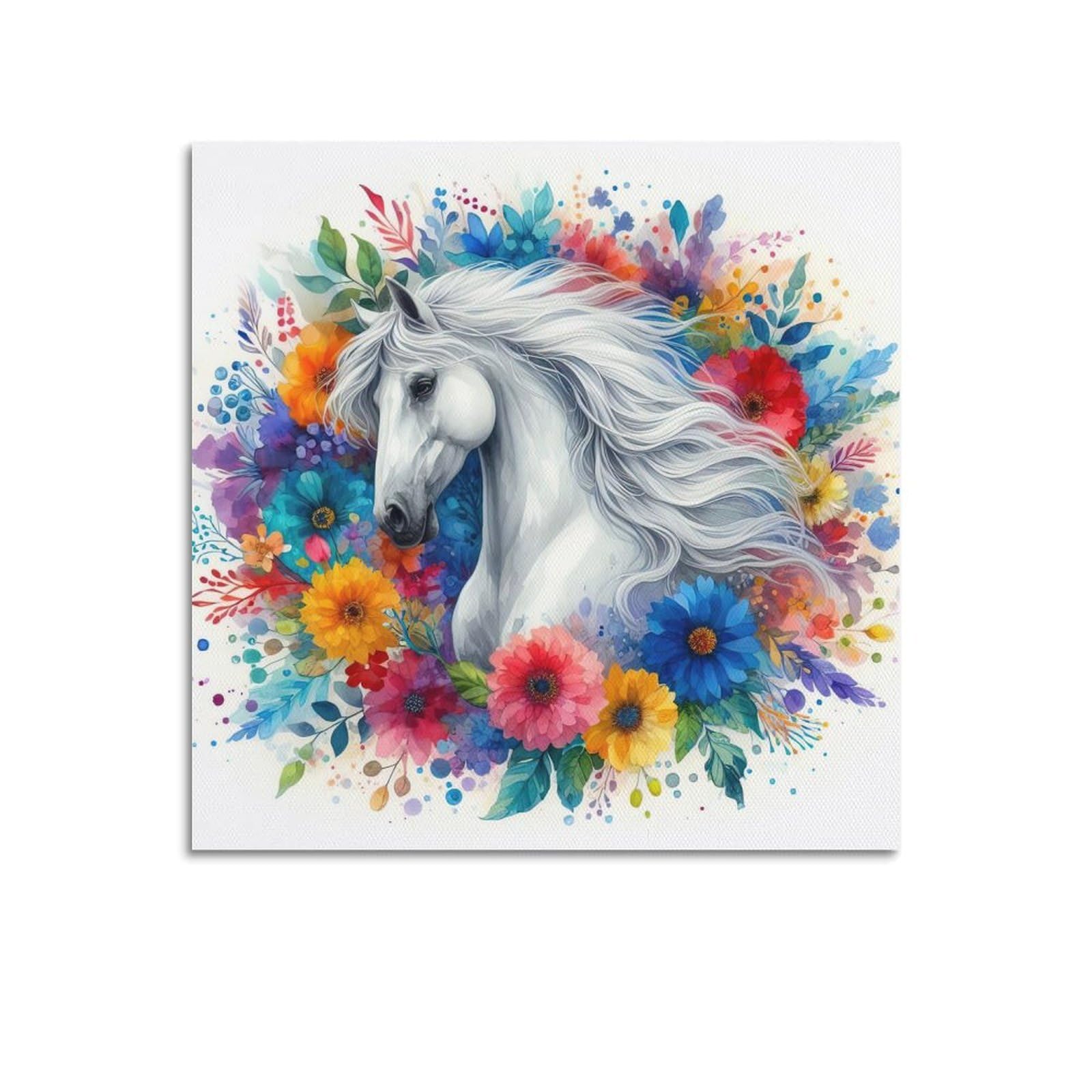 WPHSFX Animal Poster Flower Ans White Horse Poster Decorative Painting Canvas Wall Posters And Art Picture Print Modern Family Bedroom Decor Posters 16x16inch(40x40cm)