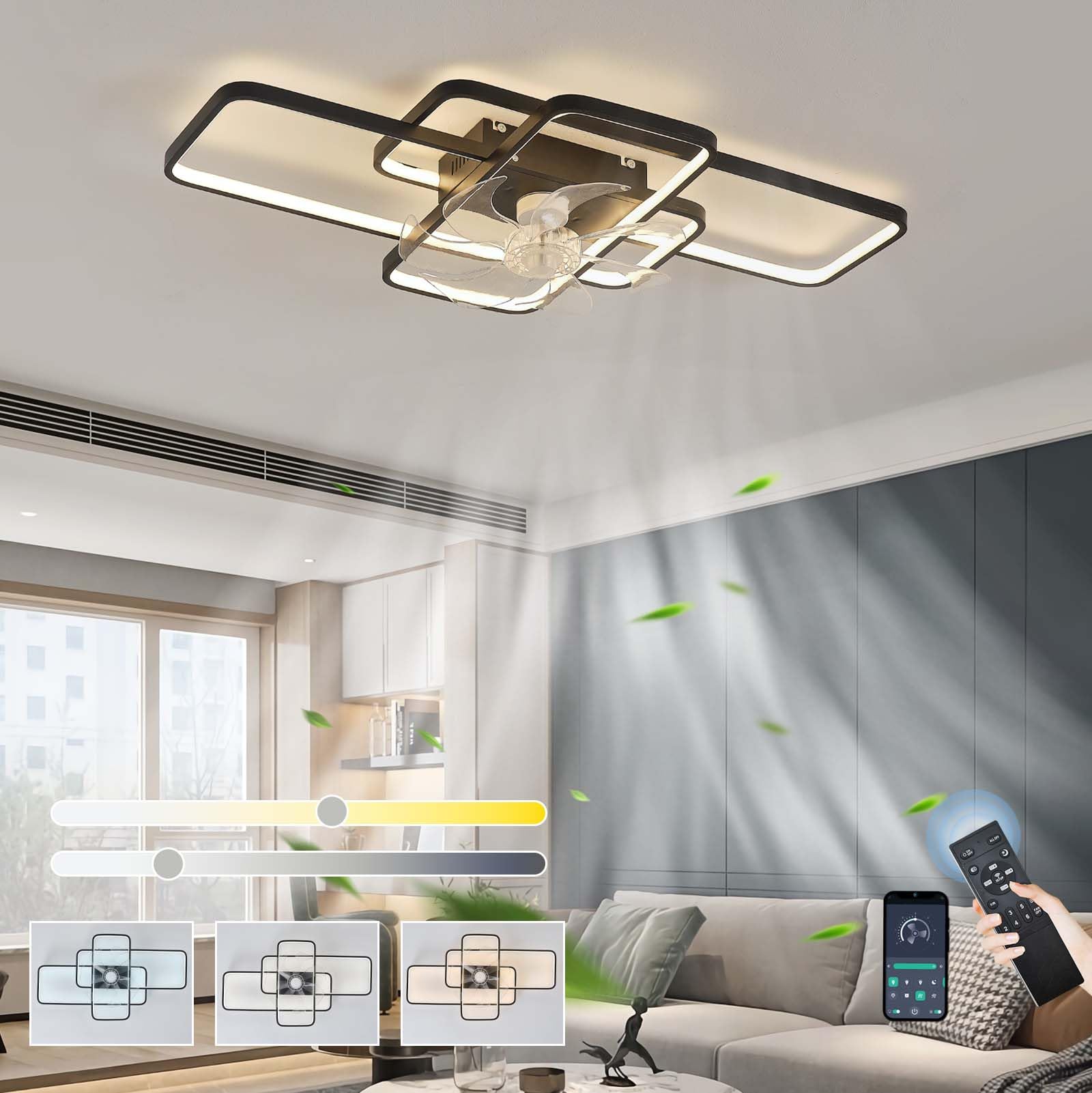HELCEKOU Modern LED Ceiling Fan Chandelier Light Silent Dimmable with Remote Control 6 Speed Reversible Timer Perfect for Bedroom Living Room Lighting