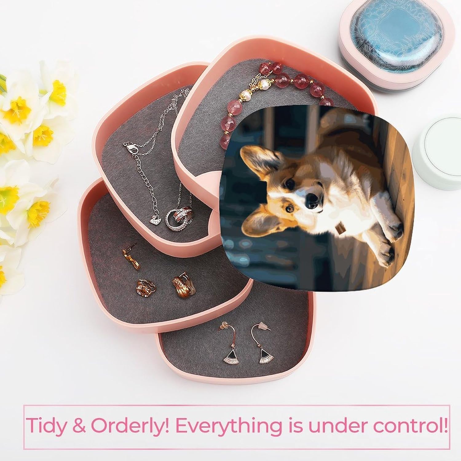 Smart Corgi Jewelry Organizer Large Capacity with Mirror，Jewelry Box Four-story Design， Rotating Jewelry Box for Ring Earring Necklaces Bracelets Makeup Hair Accessories. image 5