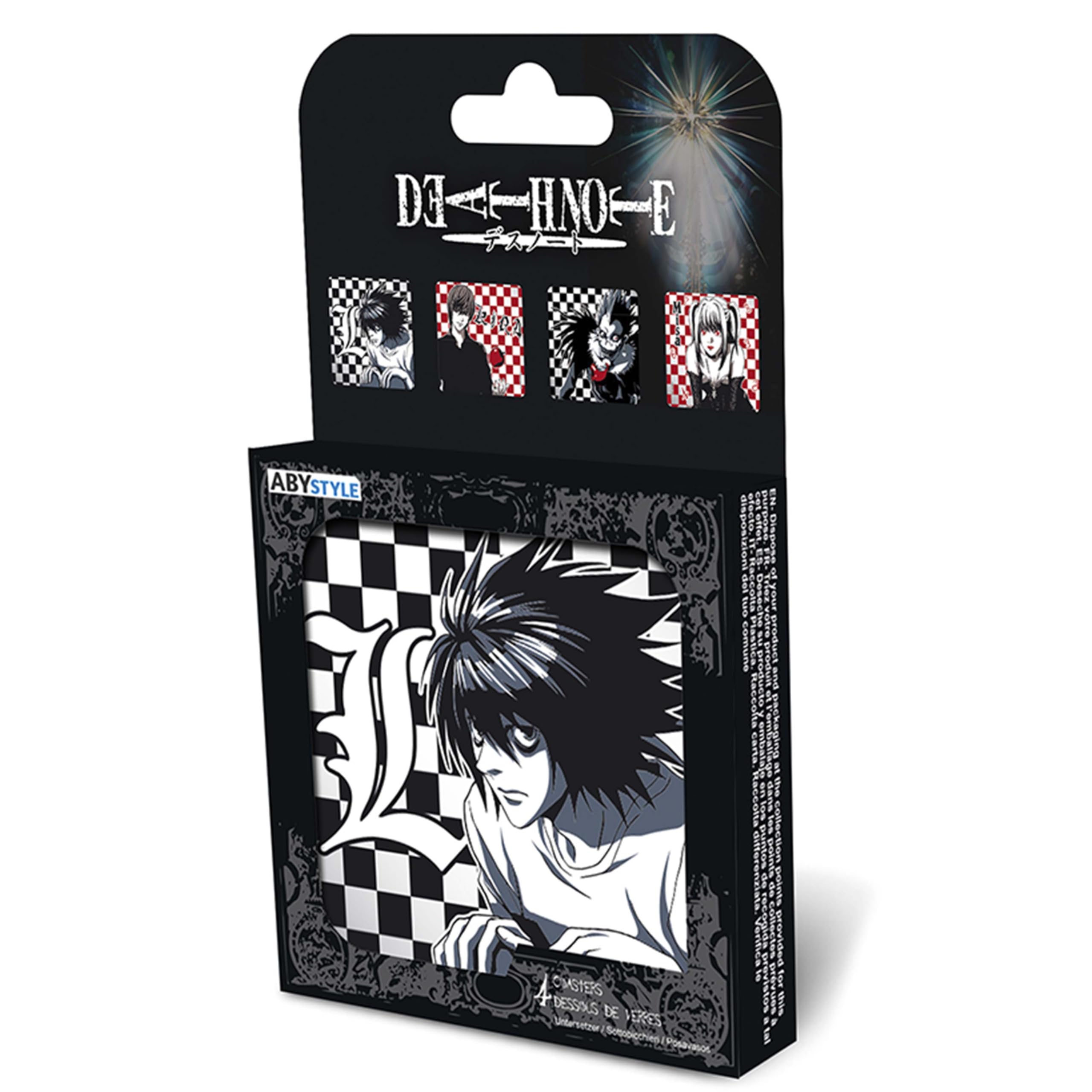 ABYSTYLE Death Note Anime Coasters Set of 4 – L, Light Yagami, Ryuk & Misa Amane – Official Licensed Drink Coasters – Collectible Tableware for Home & Office