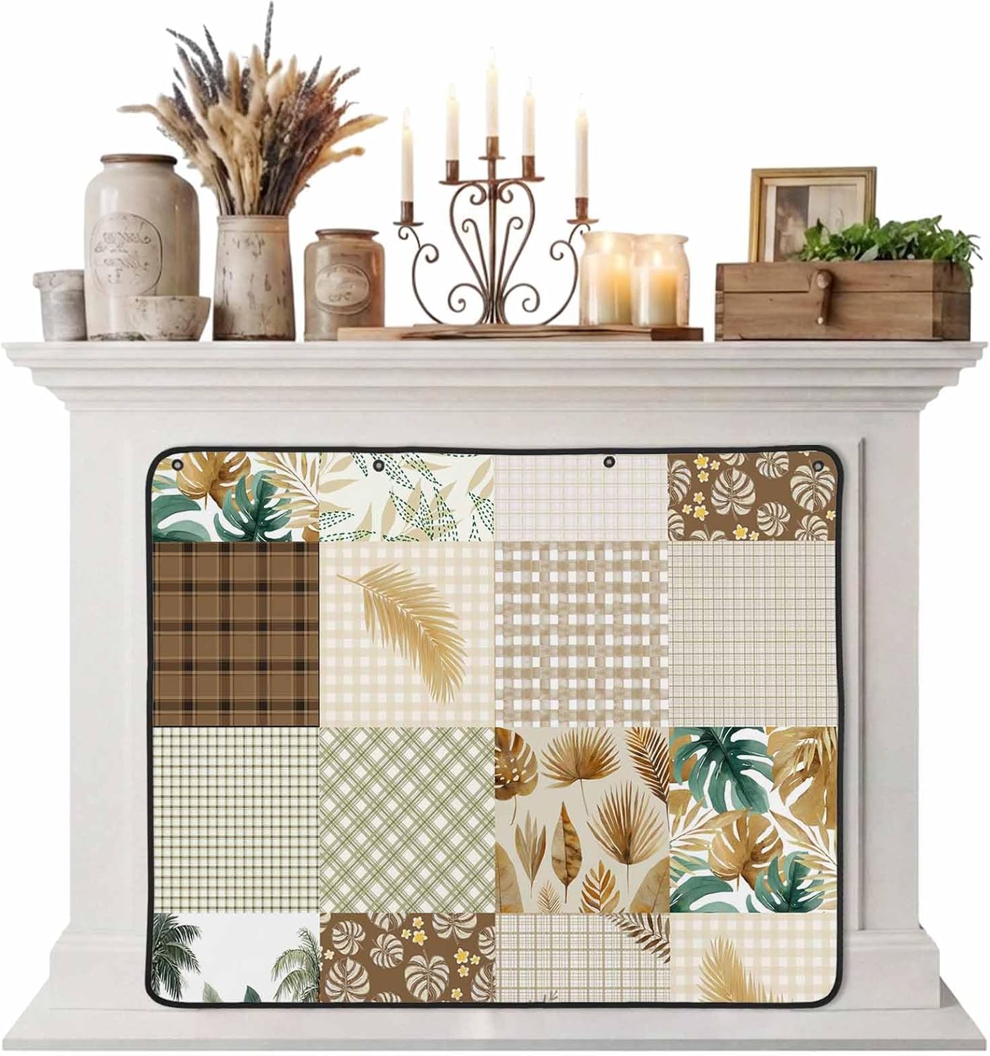 Magnetic Fireplace Cover Brown Botanical Patchwork Fireplace Screen Tropical Palm Leaves Plaid Insulation Fireplace Blocker Save Energy Fireplace Draft Stopper Covers for Living Room 36x30 Inch