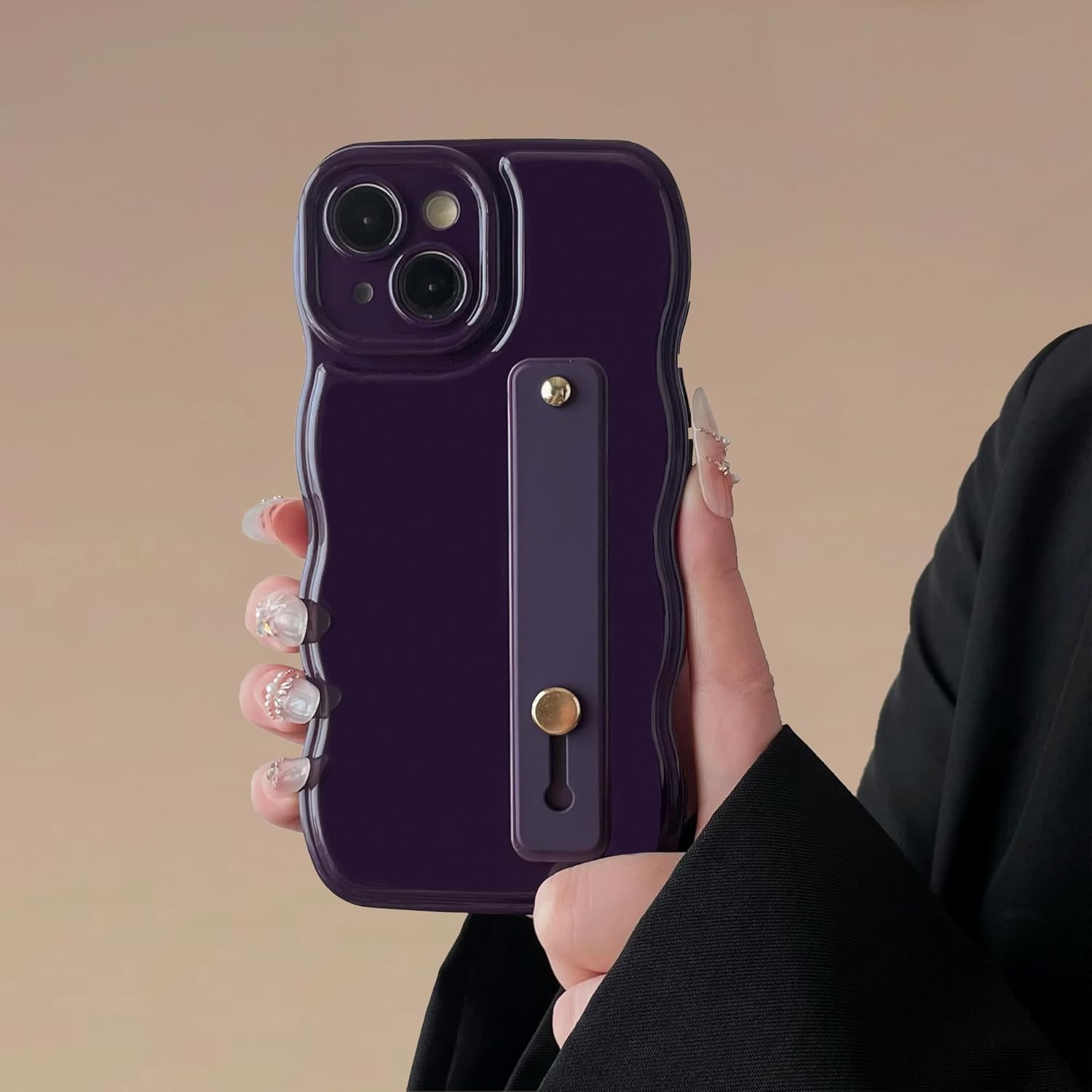 FABSPARK Phone Case for iPhone 14 with Flexible Adjustable Soft Finger Hand Wrist Strap Holder Kickstand,Wave Design Wavy Frame Silicone Aesthetic for iPhone 14 Phone Case,Deep Purple