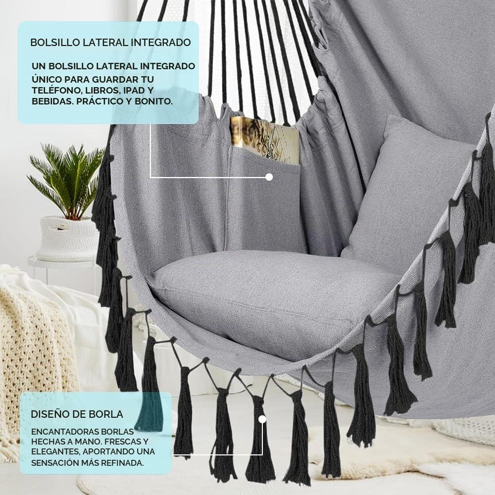 Silla Colgante con 2 Cojines y Bolsa - Silla Hamaca Colgante de Carga 330lbs para 2 Personas Adultos y niños, Mecedora, Hamacas Jardin Portátil para Interior y Exterior, Balcón (Gris Claro)