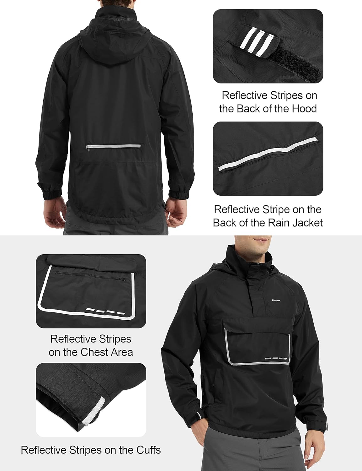 KUTOOK Men's Waterproof Pullover Rain Jacket Reflective Hooded Windbreaker Lighteweight Breathable Raincoat with Pockets - Image 5