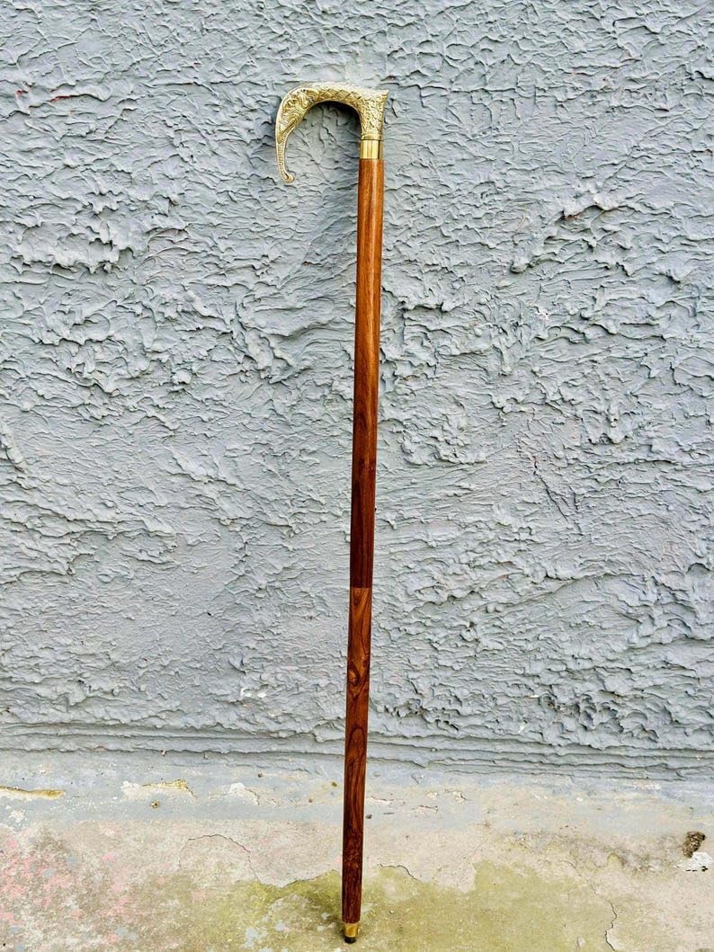 Bastone da passeggio in legno con manico in ottone a forma di elefante, pieghevole, manico in ottone e canna in legno, perfetto per bastone da trekking da 94,6 cm, 3 pezzi