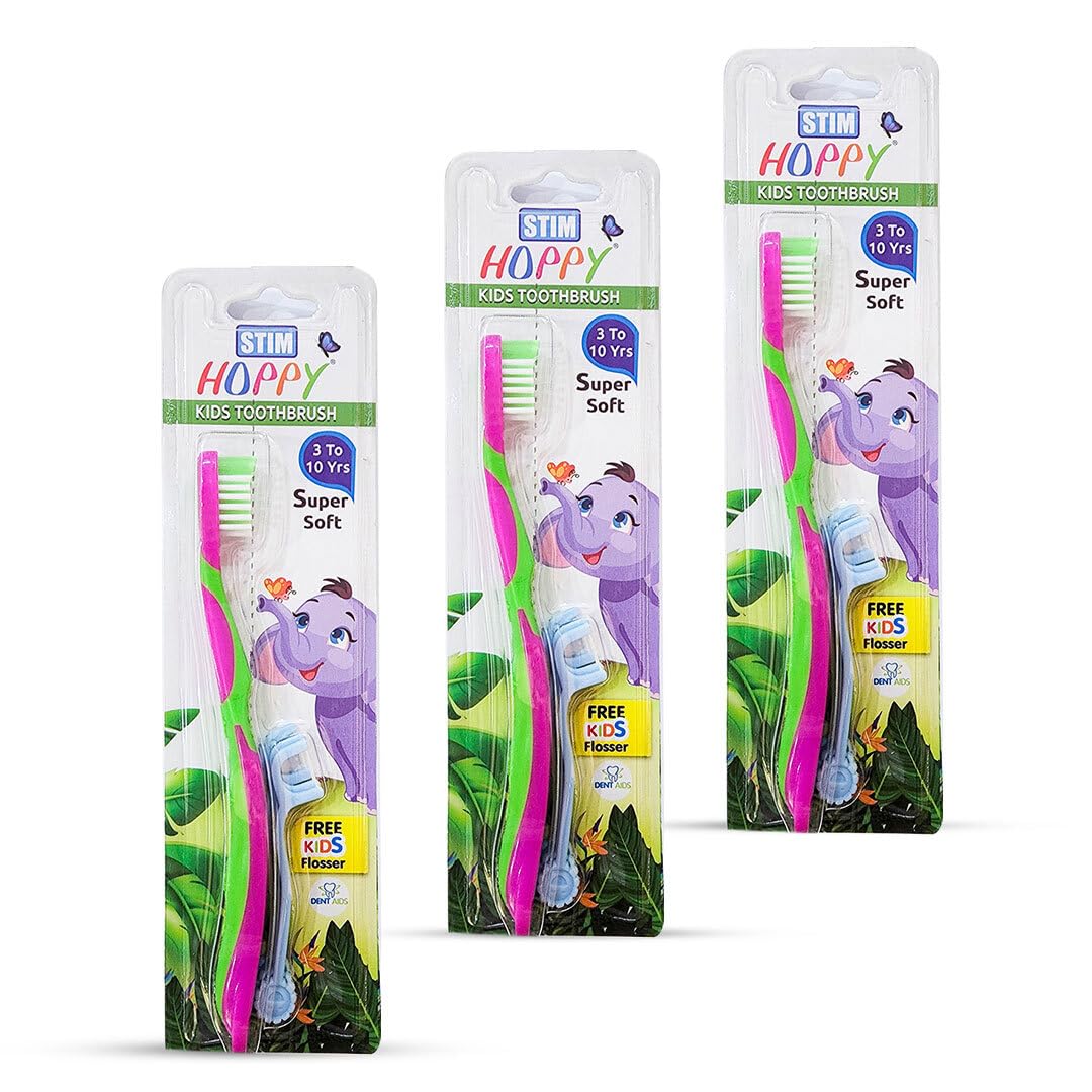 Hoppy Kids Toothbrush, Pack of 3 - For Age 3-10 Years, Super Soft Bristles, Free Kids Flosser | Tongue Scrubber | Non Slip Handle (B09STHDXC5) Amazon Price History, Amazon Price Tracker