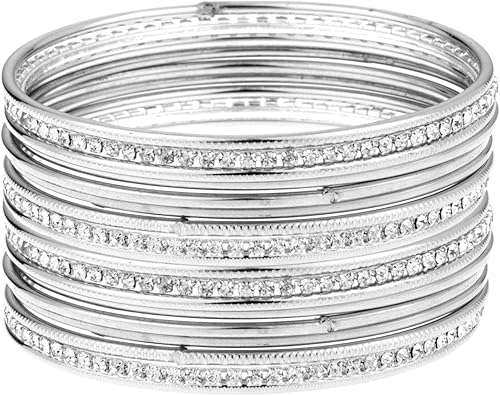 Efulgenz Juego de pulseras bohemias vintage tribales indias con circonita cúbica oxidada de cristal plateado oxidado para mujer (18 unidades)