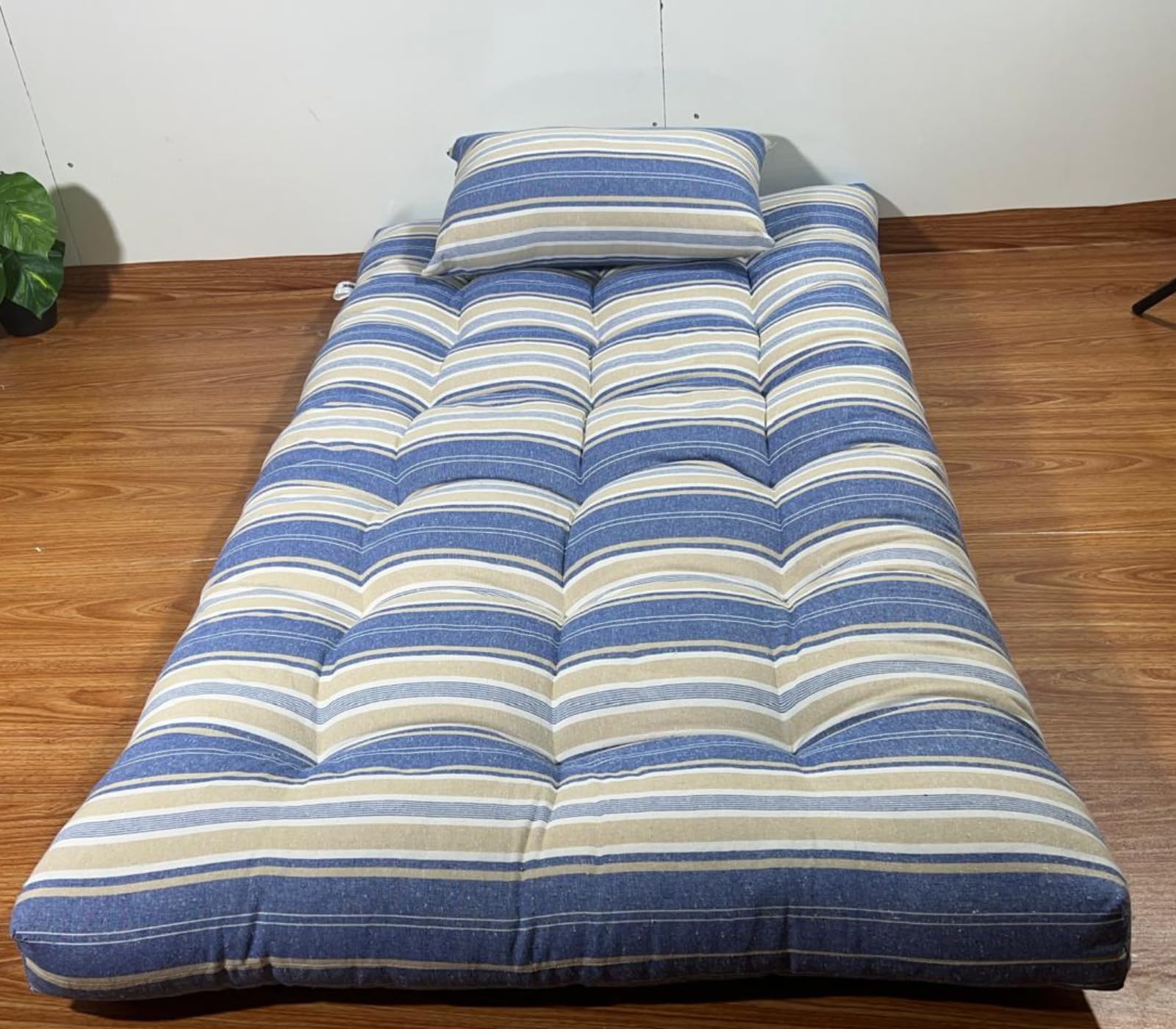 AGLA KADAM Single Mattress Bed Foldable Floor 3 x 6 Feet 7 KG White Cotton Rui (White and Blue Lining, Single)-image-5