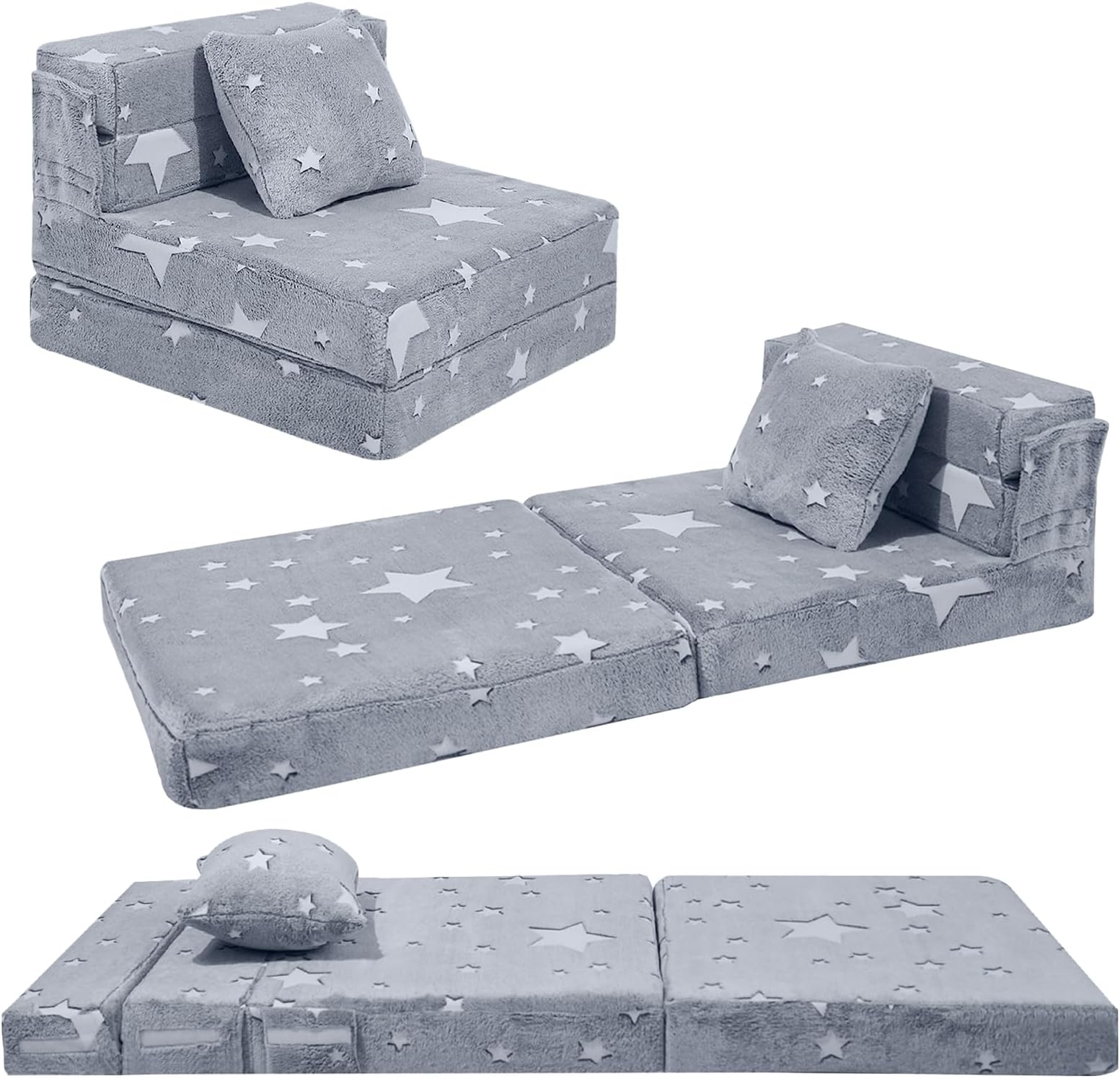 MeMoreCool Kids Tri-Fold Sofa Bed – Glow Star Floor Mattress & Foldable Futon Chair Convertible Toddler Couch | Soft Plush Lounge Mat | Playroom Furniture | Includes Pillow
