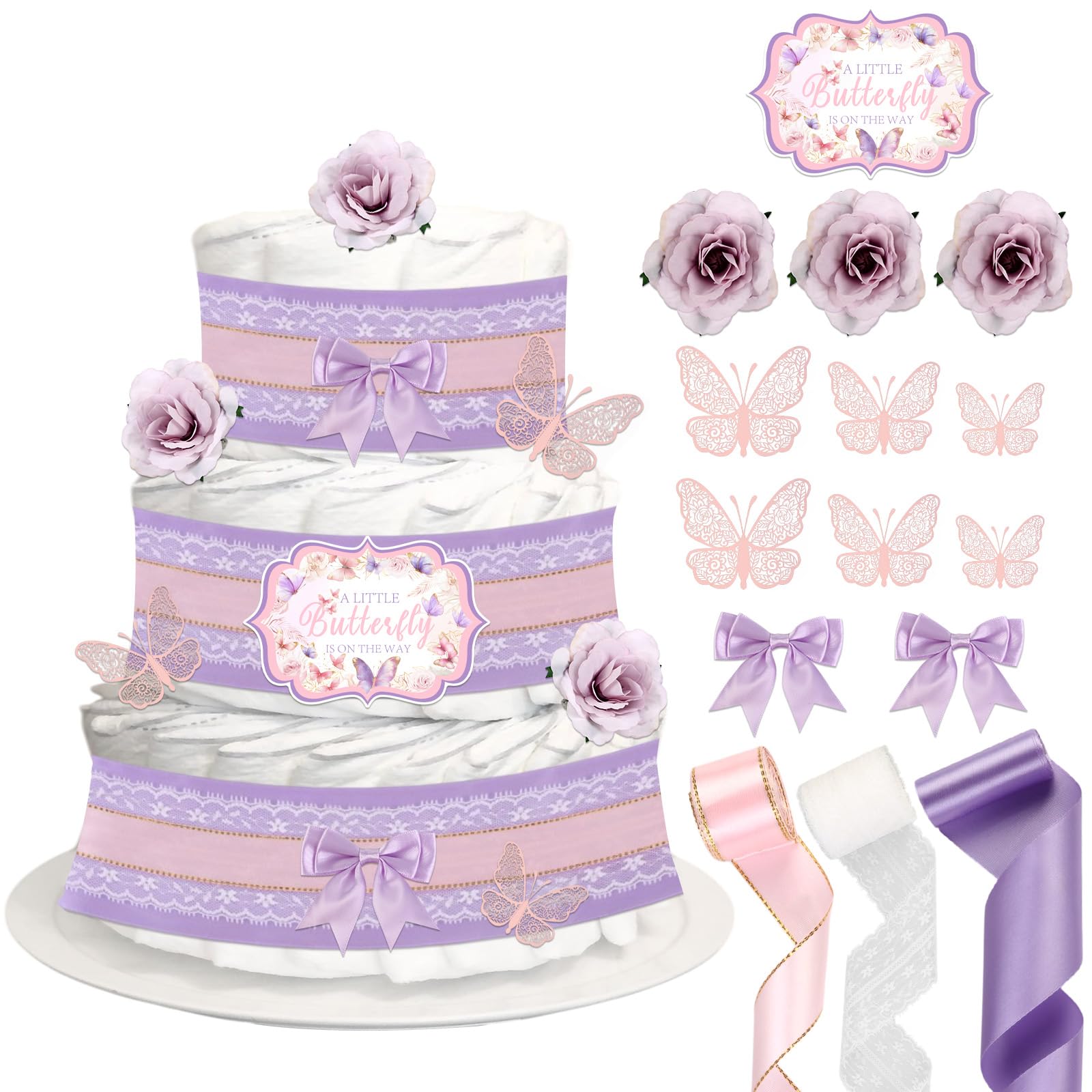 CORNER LACE Baby Shower Butterfly Diaper Cake Decor, Birthday Party Diaper Cakes Supplies Pink Purple, Include Ribbon, Bow Tie, Wall Stickers, Cake