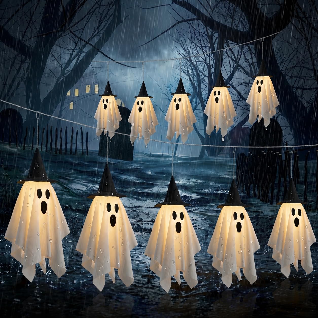 Best Halloween String Lights — Indoor & Outdoor Magic 3 Halloween ghost string lights with white ghosts wearing tiny hats hanging on a mantel