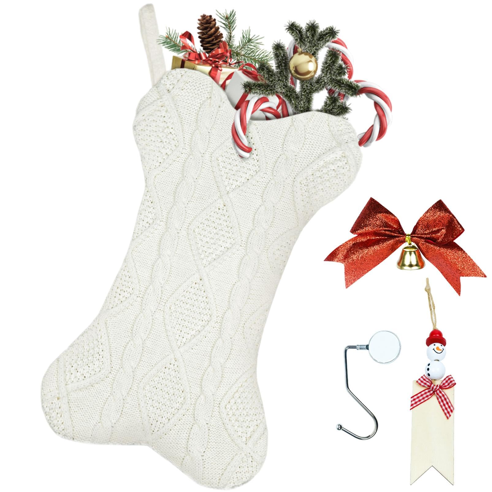 Sumkita Dog Stockings Christmas, Knit Christmas Stockings with Holder Name Tag Large Pet Christmas Stockings for Dogs Cats White Xmas Stockings for Holiday Fireplace Xmas Tree Hanging Decor, 1 Pack