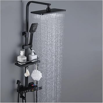 s, Black Shower Faucet Set Long Spout Rainfall Bathtub Tap with Bathroom Shelf Water Flow Produces Electricity
