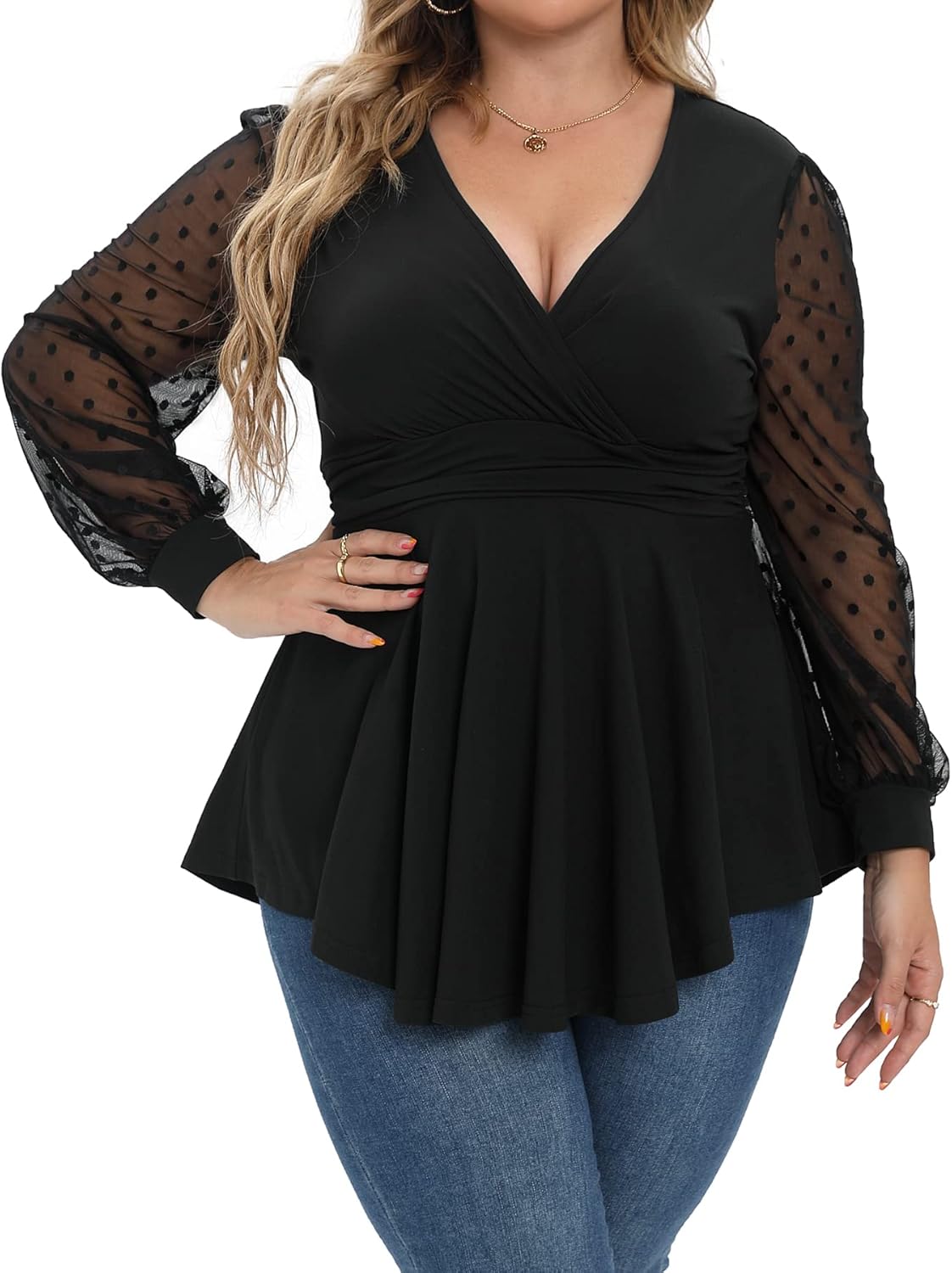 Plus Size Tops for Women Lace Long Sleeve Fall Shirts Casual Dressy Wrap V Neck Pleated Tunic Top - Image 5