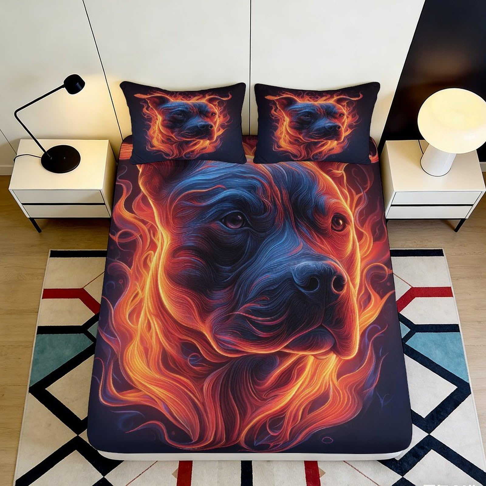 3D Printed Fiery Rottweiler Fitted Sheet Microfiber Mattress Cover Black Orange Art for Bedroom Dorm Decoration 90x200x25cm
