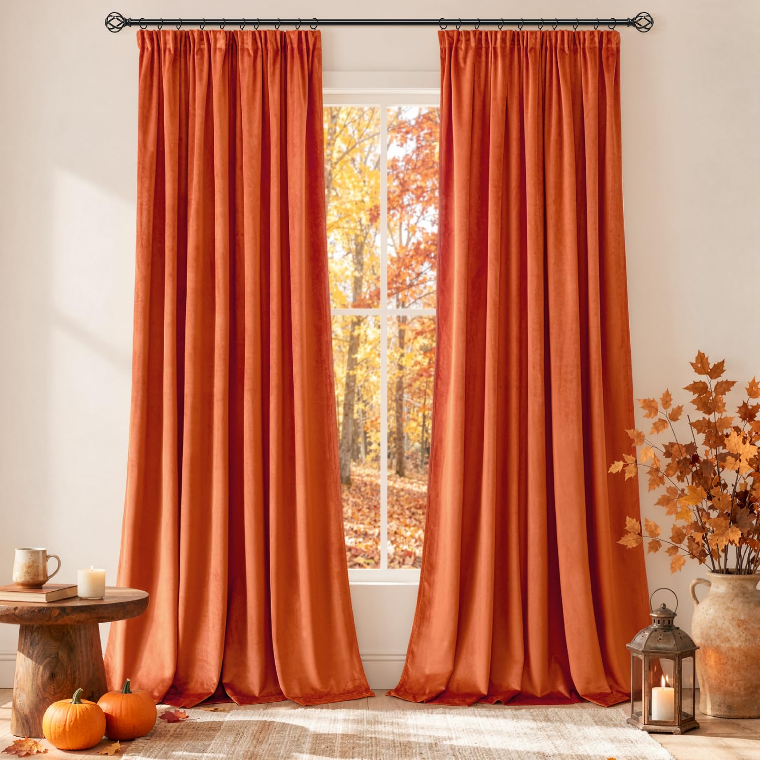 MIULEE Orange Velvet Pencil Pleat Darkening Curtains for Bedroom 2 Panel Set, Super Soft Luxury Home Decor Living Room, Thick Room Darkening Curtains 90 Drop, Each 90 x 90 Inche โ image 1
